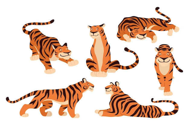 Chinese New Year 2022 Concept Vector Hand Drawn Tigers for Design Tiger Icon Set Isolated Noble Tiger Collection in Flat or Cartoon Style Happy New Year and Symbol of the Year of Tiger