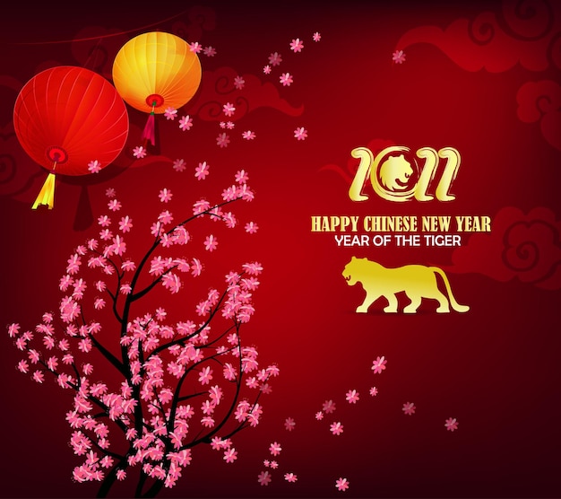 Chinese new year 2022 year of the tiger red and gold flower and asian elements paper cut with craft