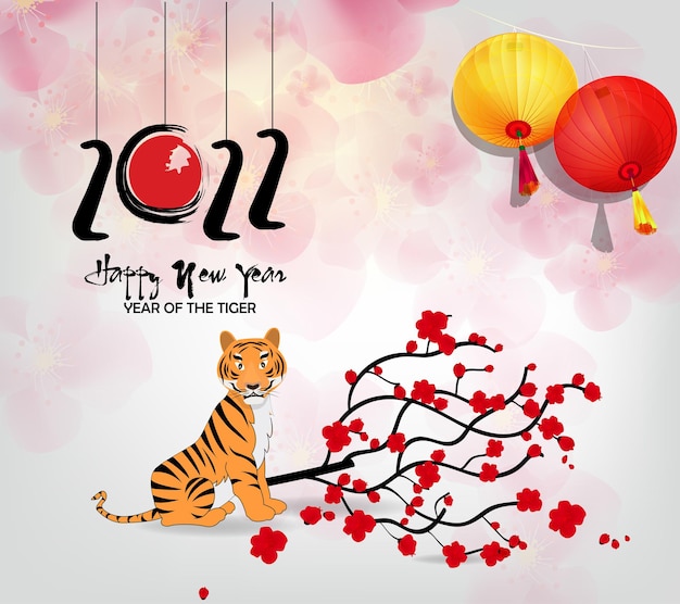 Chinese new year 2022 year of the tiger red and gold flower and asian elements paper cut with craft