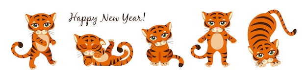 Chinese New Year 2022 year of the tiger. Set of cute tigers in different poses in cartoon on white background. Fits for designing kids clothes, greeting cards, banners, posters. Vector illustration.