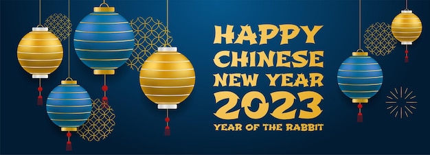 Chinese new year 2023 of the rabbit with realistic rose gold and bkue baubles China gold gradient text Golden hare on a blue background Vector illustration