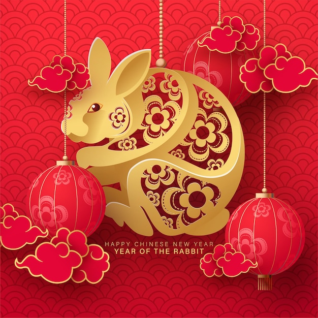 Chinese new year 2023 with rabbit engraving illustration.