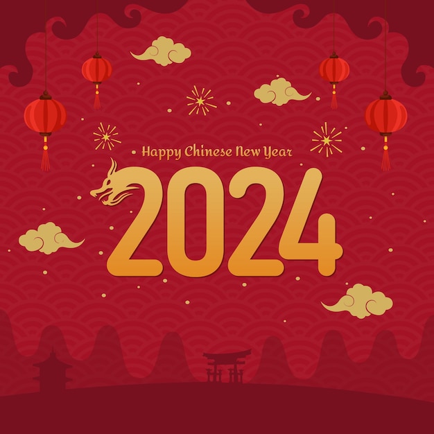 Chinese New Year 2024 year of the dragon greeting card with hanging lanterns on red background