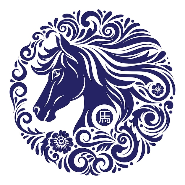 Vector chinese new year 2025 horse zodiac sign with decorative floral frame translation horse