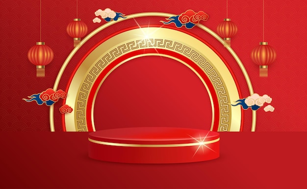 Chinese New Year. Ad template design for social media with blank product podium scene with lanterns.