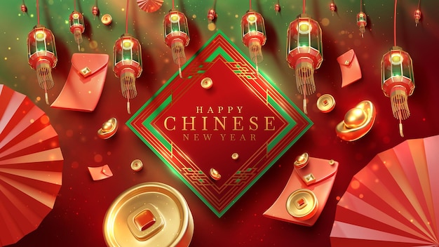 Chinese new year background and lanterns element and gold coin on red square frame and money envelope with light effect decorations and bokeh Luxury style 3d realistic design