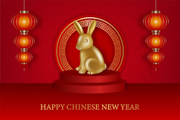 Chinese new year background with gold rabbit on red podium and red lanterns