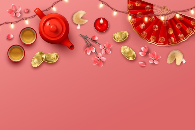 Chinese New Year background with teapot and ingots