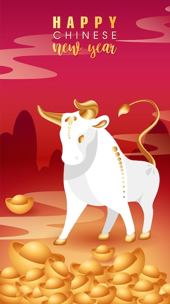 Chinese New Year of Bull White metal ox with gold horns Taurus with ingots or gold bars Zodiac sign