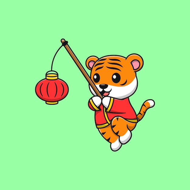 Chinese new year celebration of cute tiger carrying lantern cartoon vector icon illustration. Flat cartoon style.