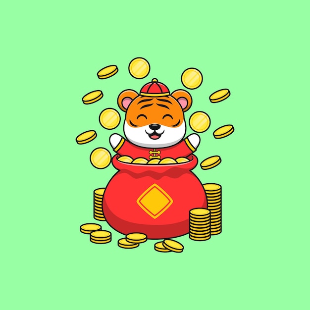 Chinese new year celebration of cute tiger in coin bag cartoon vector icon illustration. Flat cartoon style.