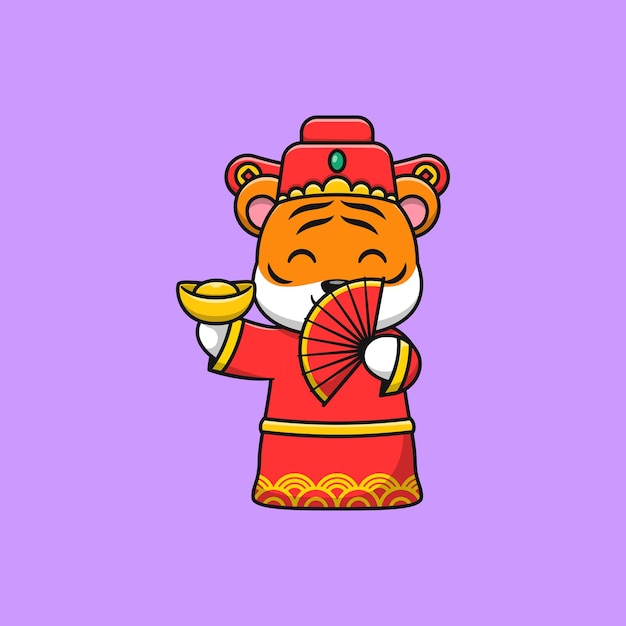 Chinese new year celebration of cute tiger holding gold and fan cartoon vector icon illustration. Flat cartoon style.