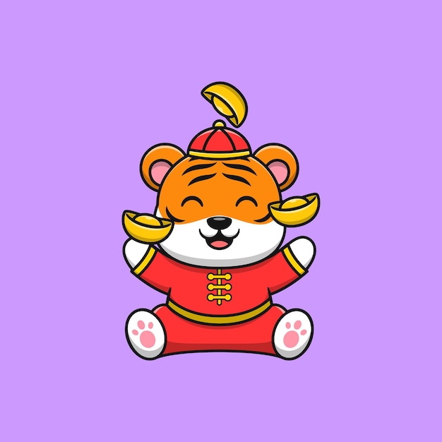 Chinese new year celebration of cute tiger playing gold cartoon vector icon illustration. Flat cartoon style.