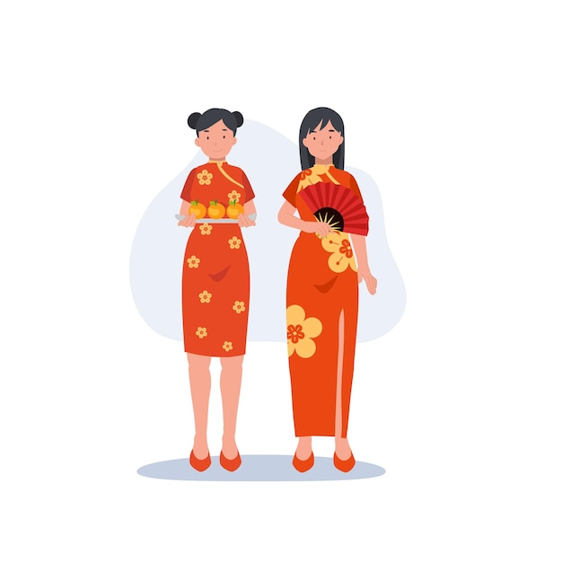 Chinese New Year concept Woman in chinese traditional dress holding Orange Fan Flat vector cartoon character illustration