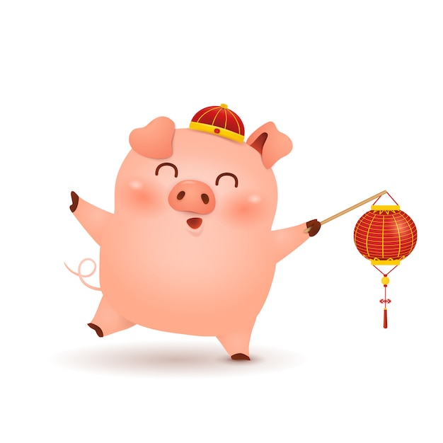 Chinese New Year. Cute cartoon Little Pig character  with Festive traditional Chinese red lantern isolated on white background. The year of the pig. Zodiac of the Pig.