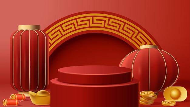 Chinese New Year display podium decoration background with chinese ornament Vector 3D Illustration