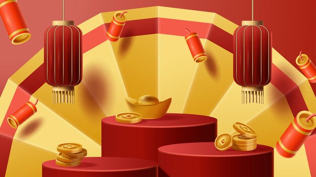 Chinese New Year display podium decoration background with chinese ornament Vector 3D Illustration