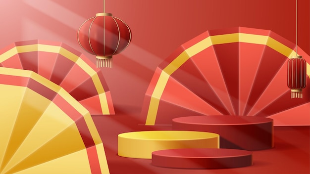 Chinese New Year display podium decoration background with chinese ornament Vector 3D Illustration