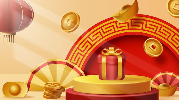 Chinese New Year display podium decoration background with chinese ornament Vector 3D Illustration