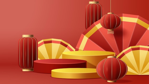 Chinese New Year display podium decoration background with chinese ornament Vector 3D Illustration