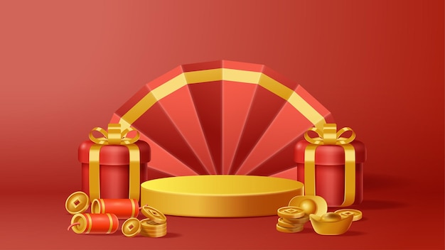 Chinese New Year display podium decoration background with chinese ornament Vector 3D Illustration