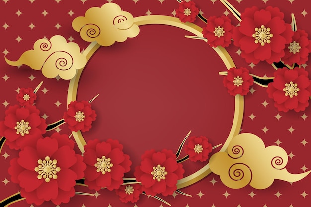 Chinese New Year festival banner design flower branches and clouds on red background with frame