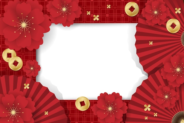 Chinese New Year festival banner design with flower folding fan and Chinese coins on red background