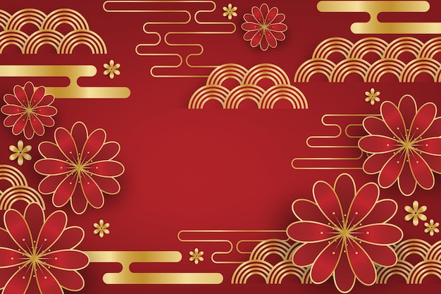 Chinese New Year festival banner design with flowers and clouds on red background