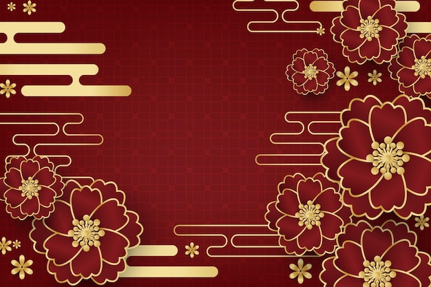 Chinese New Year festival banner design with flowers and clouds on red background