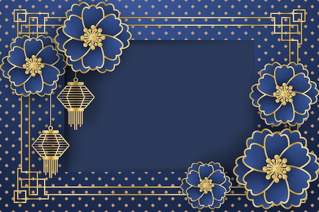 Chinese New Year festival banner design with gold lamps and flowers on blue pattern background