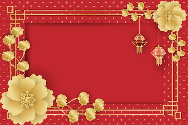 Chinese New Year festival banner design with gold lamps and flowers on red pattern background