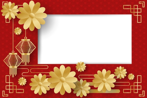 Chinese New Year festival banner design with lamp flowers and white frame on red pattern background