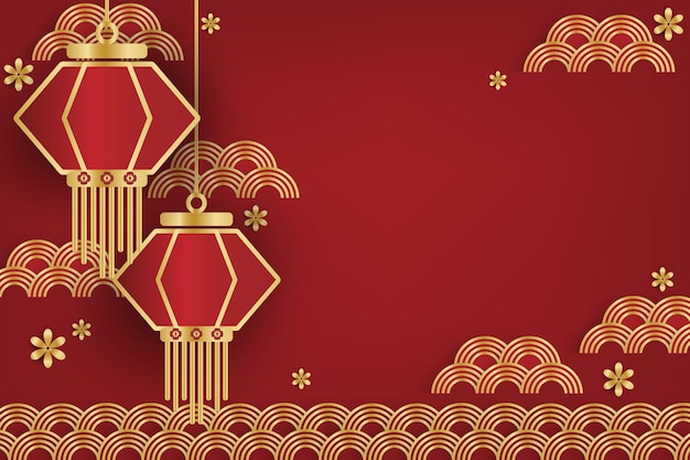 Chinese New Year festival banner design with lamps flower and clouds on red background