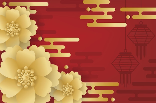 Chinese New Year festival banner design with lamps flower and clouds on red background