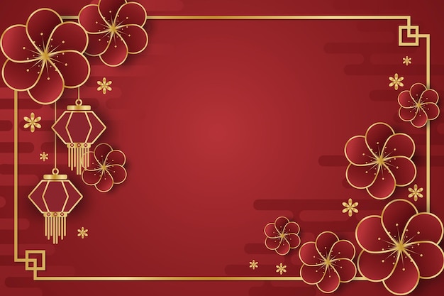 Chinese New Year festival banner design with lamps and red flowers on red background