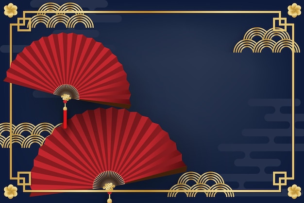 Chinese New Year festival banner design with red folding fans with golden frame and flowers