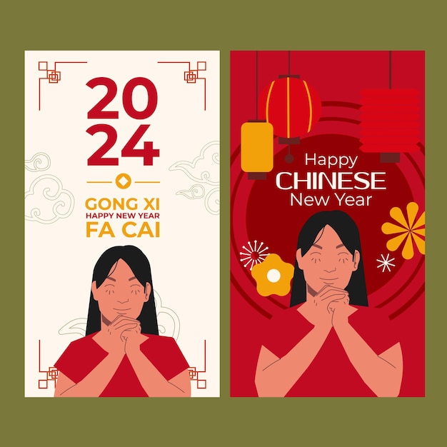 chinese new year girl celebrate social media story in flati llustration