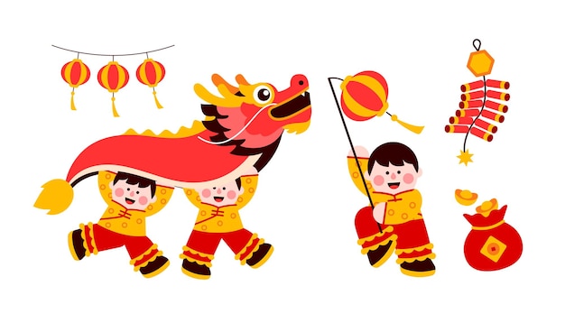 Vector chinese new year icon set chinese dragon dance flat design element in modern cartoonist style