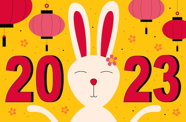 Chinese New Year. Inscription 2023 with a rabbit, Chinese lanterns, coins and flowers