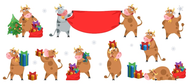 Chinese new year ox zodiac cartoon character set flat vector isolated illustration