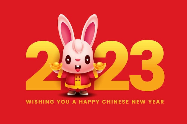 Chinese new year rabbit cartoon open arm with gold colour 2023 number signs on red background