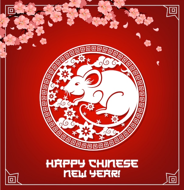 Chinese New Year, rat sign and red cherry blossom