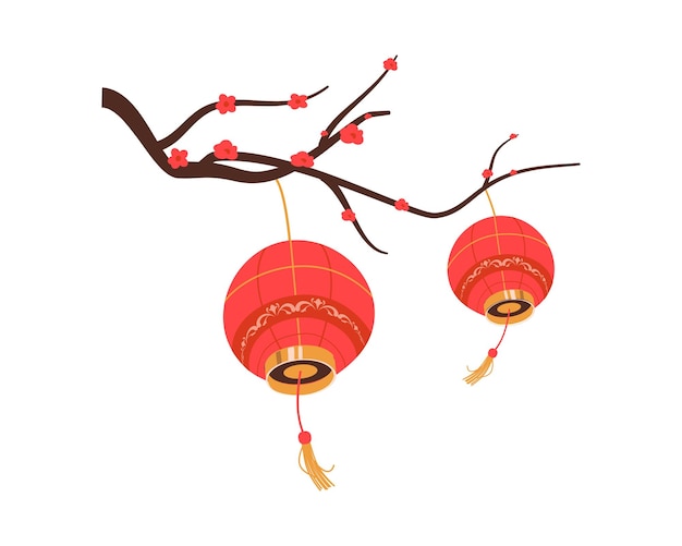 Chinese New Year red lanterns hanging on tree branch Vector cartoon illustration isolated on white