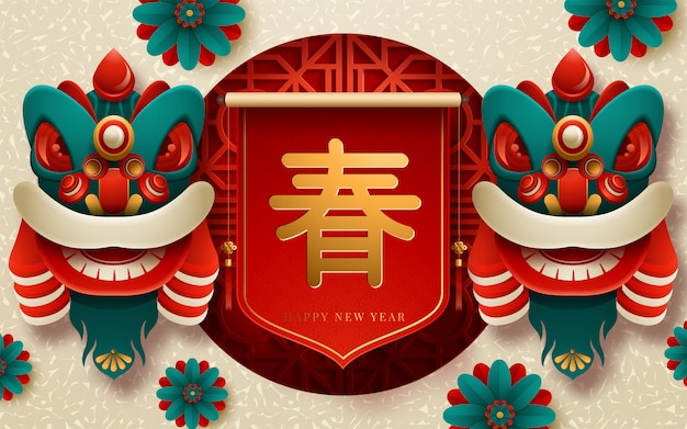 Chinese New Year with scroll. Translation : Happy New Year. Vector illustration