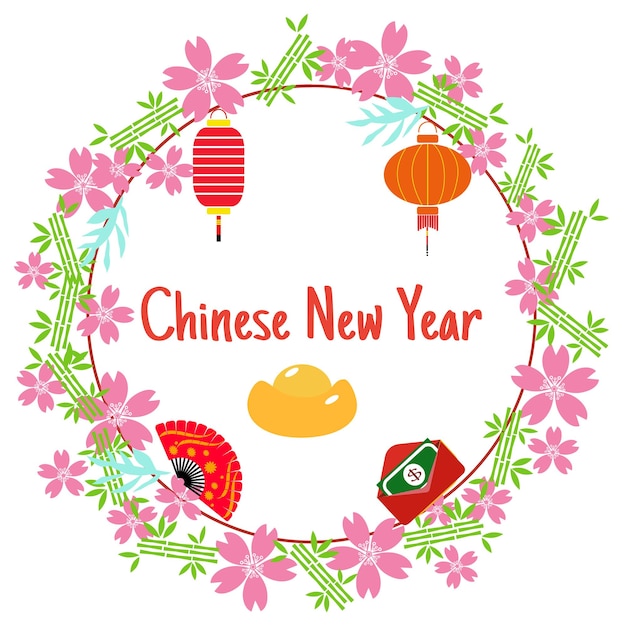 Chinese New Year with wreath floral with icon elements.