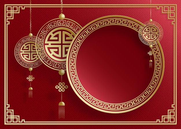 Chinese oriental wedding invitation card template with oriental elements and paper cut art and craft style on color background (Chinese Translation : wedding invitation)