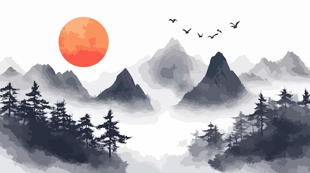 Vector chinese painting classic landscape with mountains