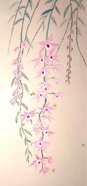 Chinese painting dendrobium orchid flower surrounded by yellow beetles