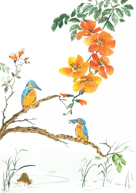 Chinese Painting King Fisher Bird Eating Shrimp on The Branch of Trumpet Creeper Flowers Tree