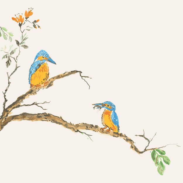 Chinese Painting King Fisher Eating on The Branch